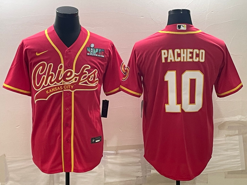 Men's Kansas City Chiefs #10 Isiah Pacheco Red With Super Bowl LVII Patch Cool Base Stitched Baseball Jersey Men's Kansas City Chiefs #10 Isiah Pacheco Red With Super Bowl LVII Patch Cool Base Stitched Baseball Jersey